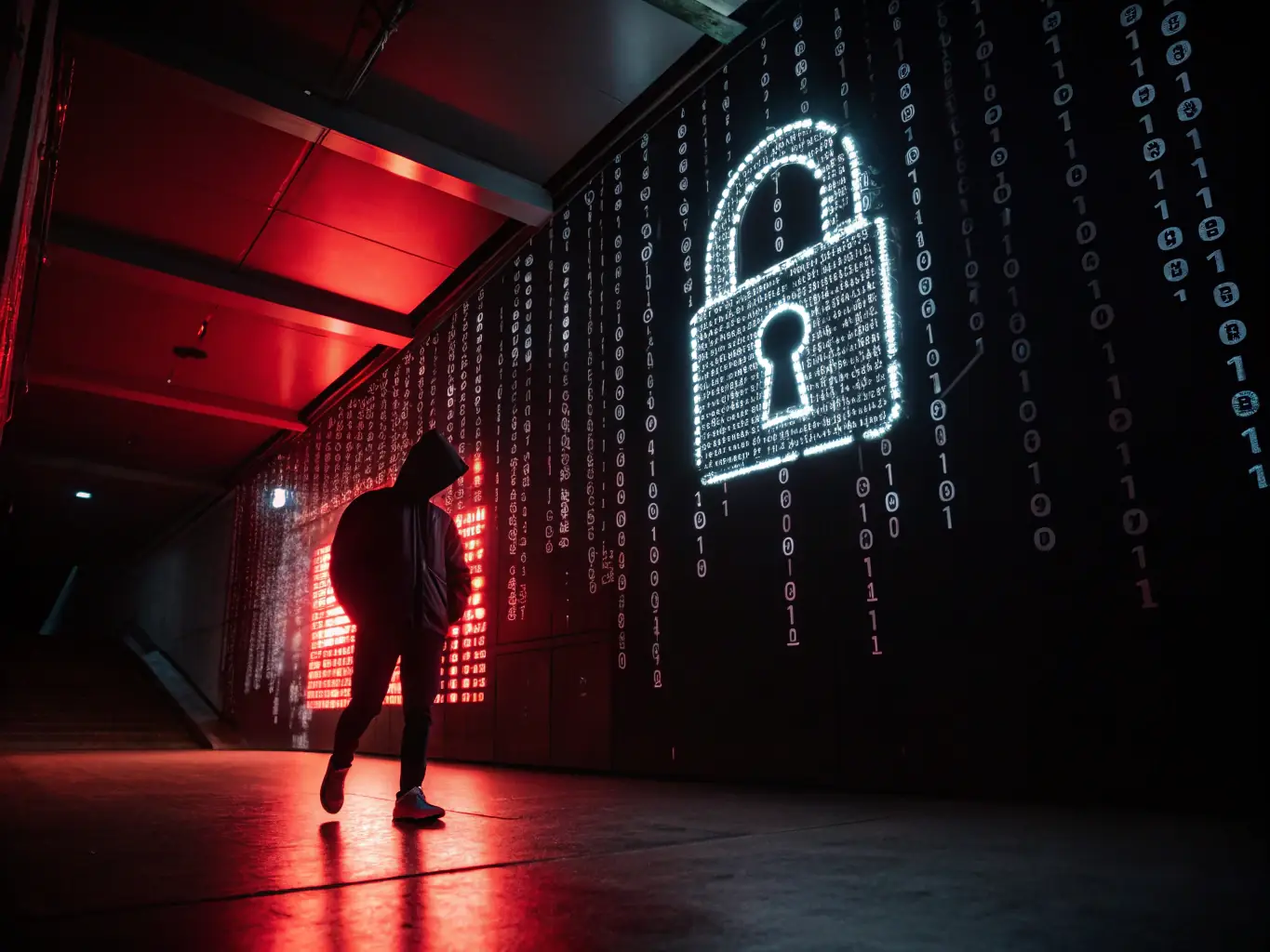 An image depicting a secure digital vault with complex algorithms running in the background, symbolizing the security and technological sophistication of Aura Investments.