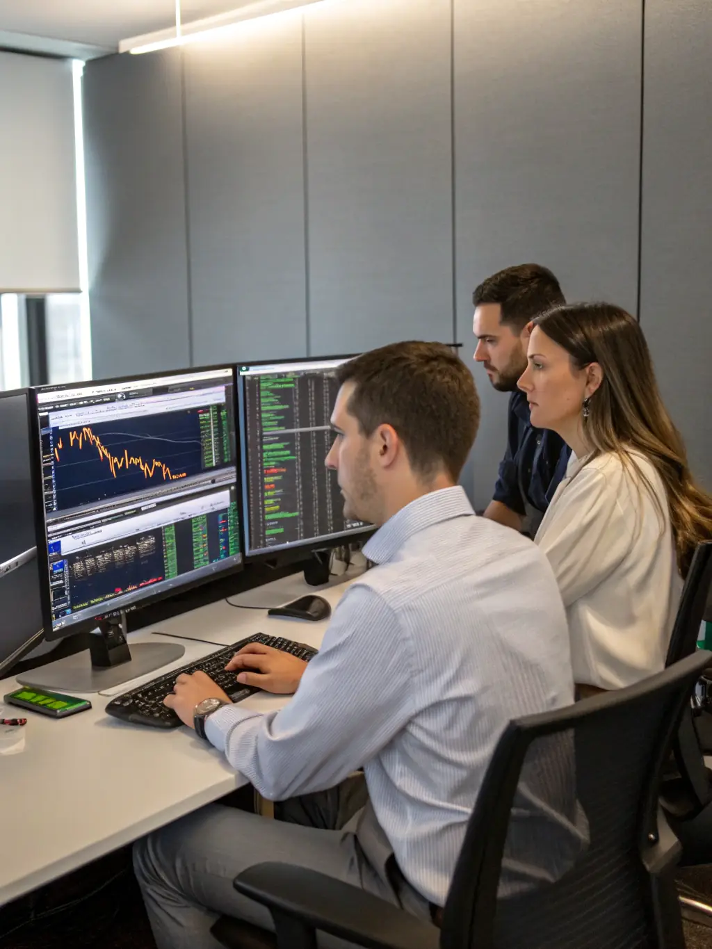 A professional photograph of a diverse team of financial analysts collaborating in a modern office setting, emphasizing teamwork and a supportive atmosphere at Aura Investments.