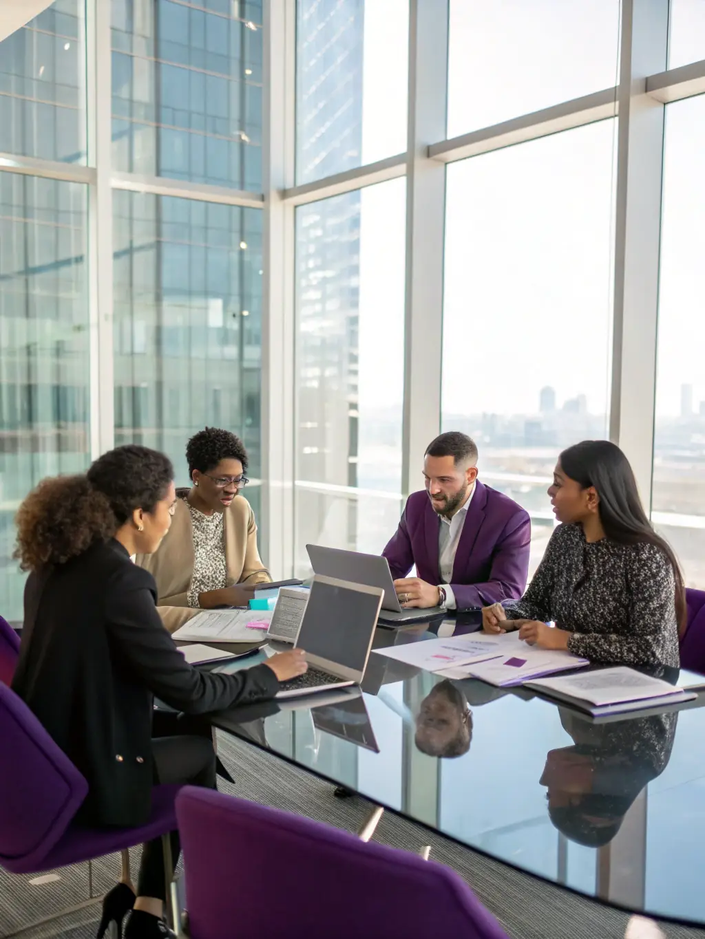 A picture of a modern office space with employees engaged in a meeting, emphasizing the dynamic and forward-thinking culture at Aura Investments.