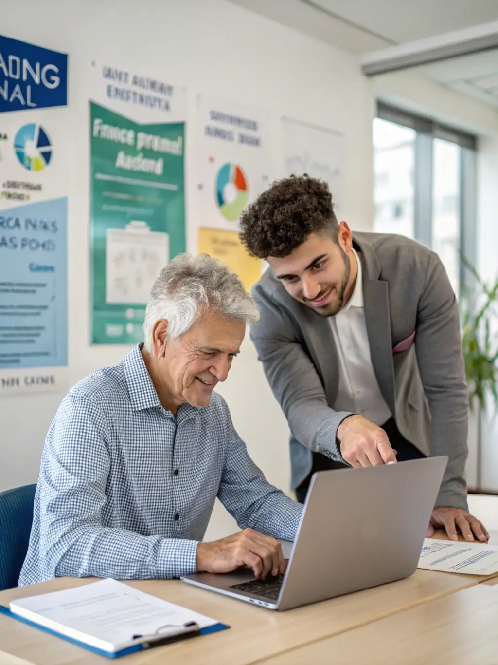 A photograph of a senior manager mentoring a junior analyst, highlighting the professional development and growth opportunities available at Aura Investments.